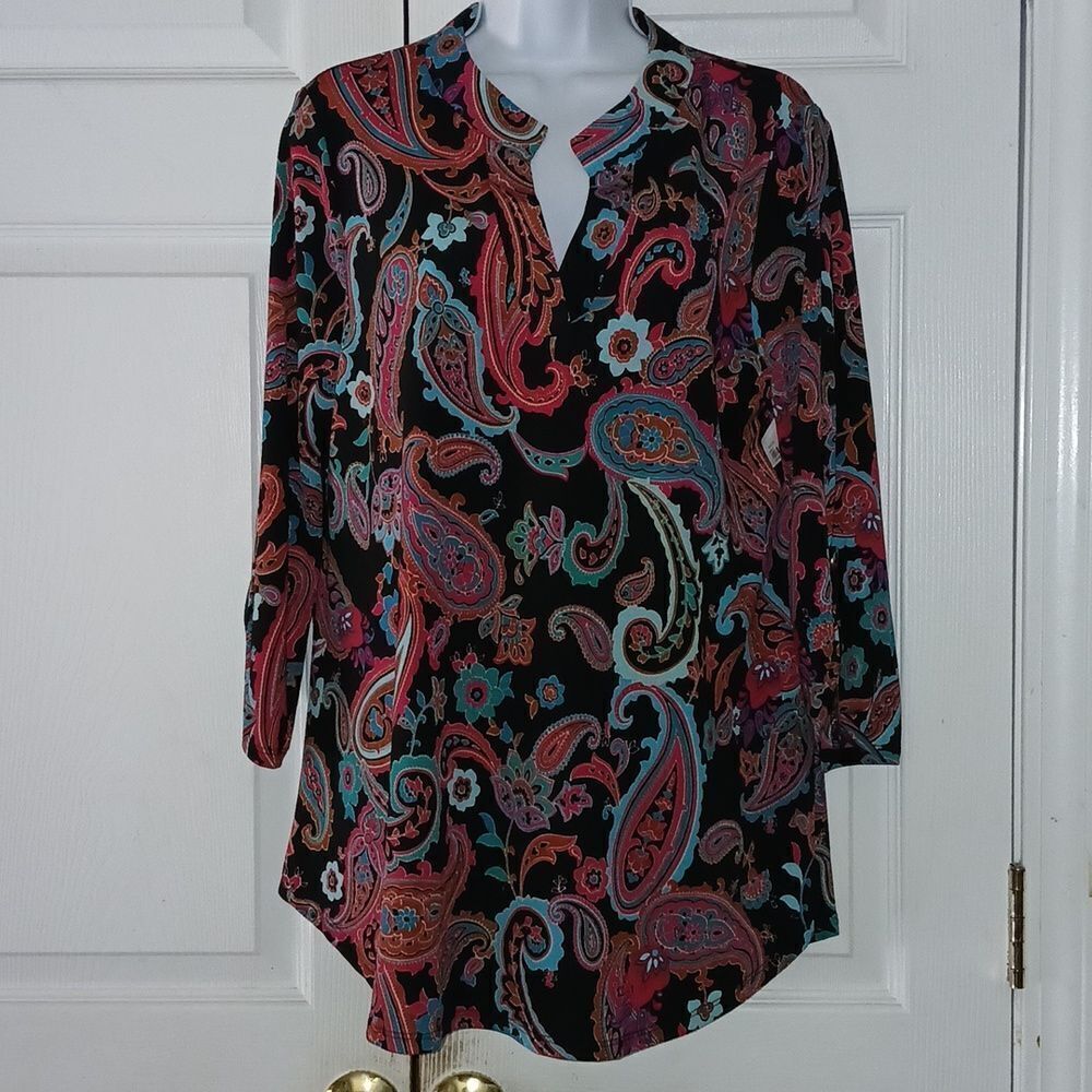 Dear Scarlett black multicolor paisley tunic blouse Sz M NWT